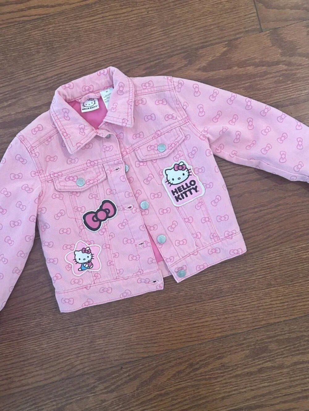 Hello Kitty Little Girls Size 3T Pink Denim Jacket Patches Pink Bows